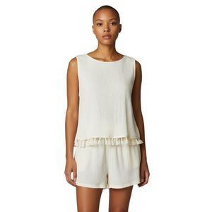 Yuni Apparel Ivory Tassel Trim Crinkle Sleeveless Romper Shorts Boho Size M